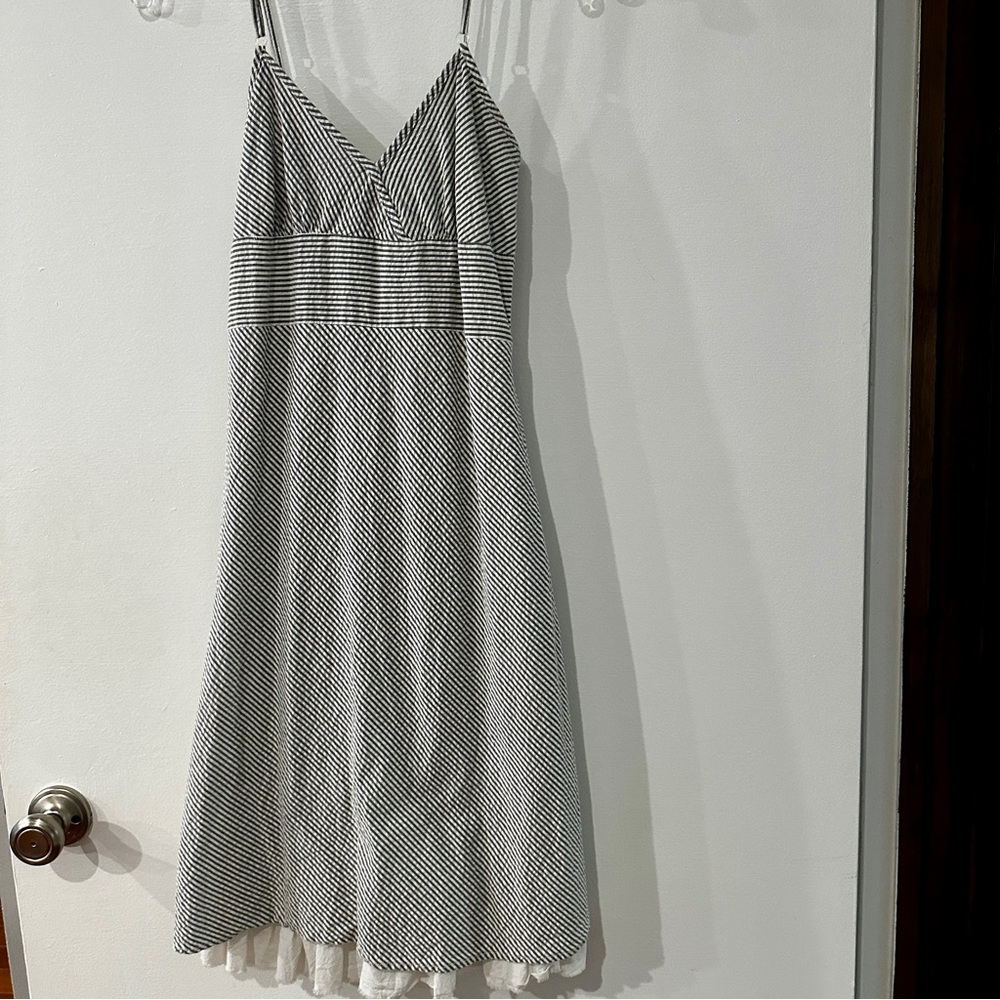 grey and white striped sleeveless dress